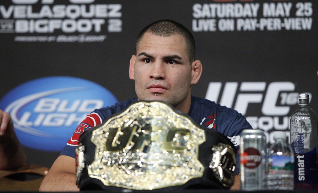 May 25, 2013; Las Vegas, NV, USA; Cain Velasquez speaks to media following UFC 160 at the MGM Grand Garden Arena. Mandatory Credit: Gary A. Vasquez-USA TODAY Sports