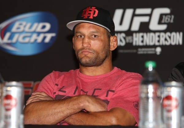 Jun 15, 2013; Winnipeg, MB, Canada; Dan Henderson during the post-fight press conference after fighting Rashad Evans (not pictured) during their Light Heavyweight bout at UFC 161 at MTS Centre. Mandatory Credit: Tom Szczerbowski-USA TODAY Sports