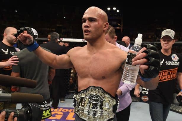 Robbie Lawler reacts to his victory over Johny Hendricks