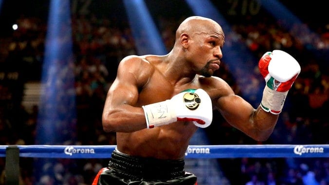 May 3, 2014; Las Vegas, NV, USA; Floyd Mayweather Jr. against Marcos Maidana (not pictured) during their fight at the MGM Grand. Mandatory Credit: Mark J. Rebilas-USA TODAY Sports