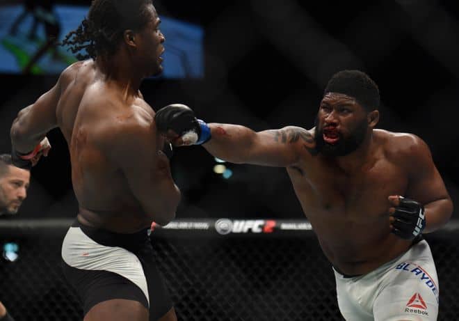 April 10, 2016; Zagreb, Croatia; Curtis Blaydes moves in with a punch as Francis Ngannou defends during UFC Fight Night at Zagreb Arena. Mandatory Credit: Per Haljestam-USA TODAY Sports