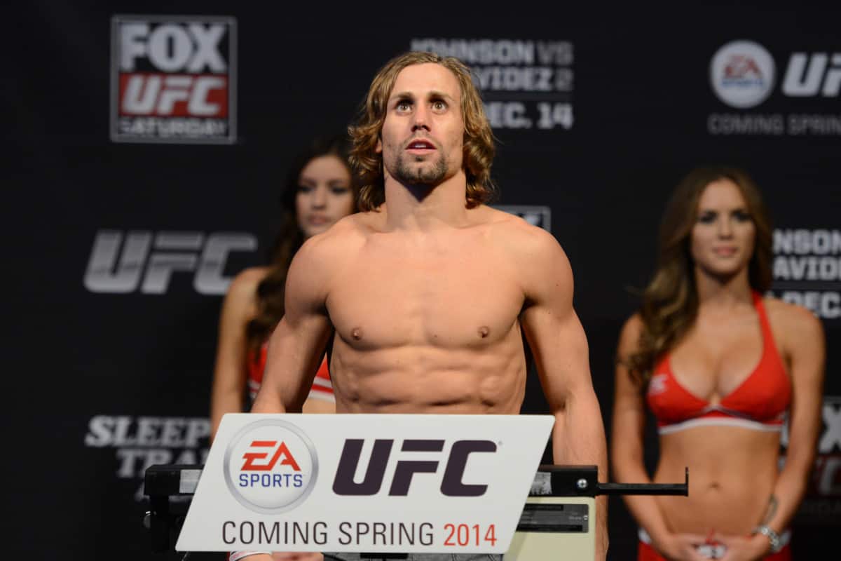 December 13, 2013; Sacramento, CA, USA; UFC bantamweight fighter Urijah Faber participates in the official weigh-in for UFC on FOX 9 at Sleep Train Arena. Mandatory Credit: Kyle Terada-USA TODAY Sports