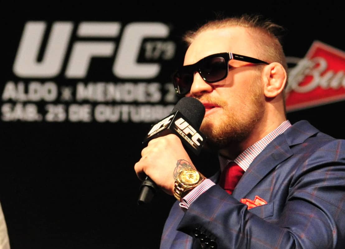 Oct 24, 2014; Rio de Janeiro, BRAZIL; Conor McGregor interacts with fans during a Q&A session before weigh-ins for UFC 179 at Ginasio do Maracanazinho. Mandatory Credit: Jason Silva-USA TODAY Sports