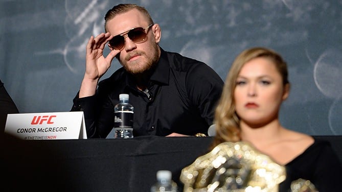 LAS VEGAS, NEVADA - NOVEMBER 17: UFC featherweight Conor McGregor interacts with the crowd during the UFC Time Is Now press conference at The Smith Center for the Performing Arts on November 17, 2014 in Las Vegas, Nevada. (Photo by Jeff Bottari/Zuffa LLC/Zuffa LLC via Getty Images)