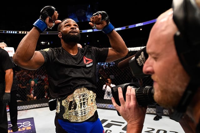 ATLANTA, GA - JULY 30:  Tyron Woodley celebrates his knockout victory over Robbie Lawler in their welterweight championship bout during the UFC 201 event on July 30, 2016 at Philips Arena in Atlanta, Georgia. (Photo by Jeff Bottari/Zuffa LLC/Zuffa LLC via Getty Images)