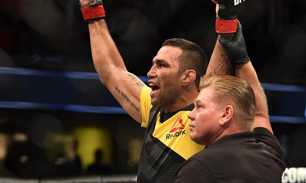 Sep 10, 2016; Cleveland, OH, USA; Fabricio Werdum (red gloves) defeats Travis Browne (blue gloves) during UFC 203 at Quicken Loans Arena. Mandatory Credit: John David Mercer-USA TODAY Sports