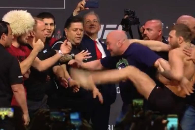 Video: Conor McGregor Tries To Kick Khabib During UFC 229 Staredown
