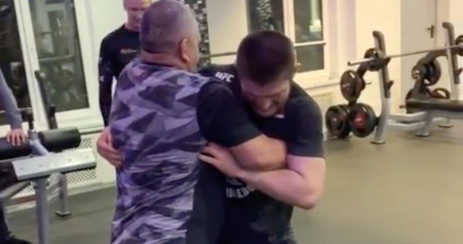 Watch: Khabib Grapples Against His 'Greatest Challenge,' His Father 1 Khabib grapples his father