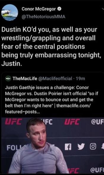 Conor McGregor Blasts ‘Embarrassing’ Justin Gaethje Performance 2 Conor tweet 1