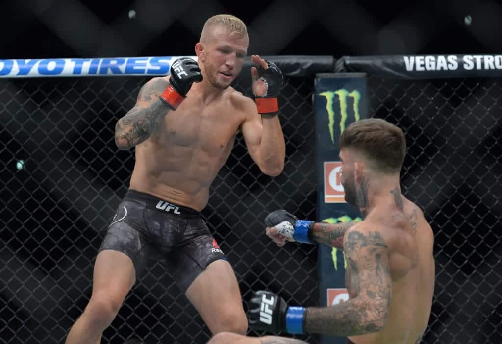 TJ Dillashaw knocks down former teammate Cody Garbrandt.