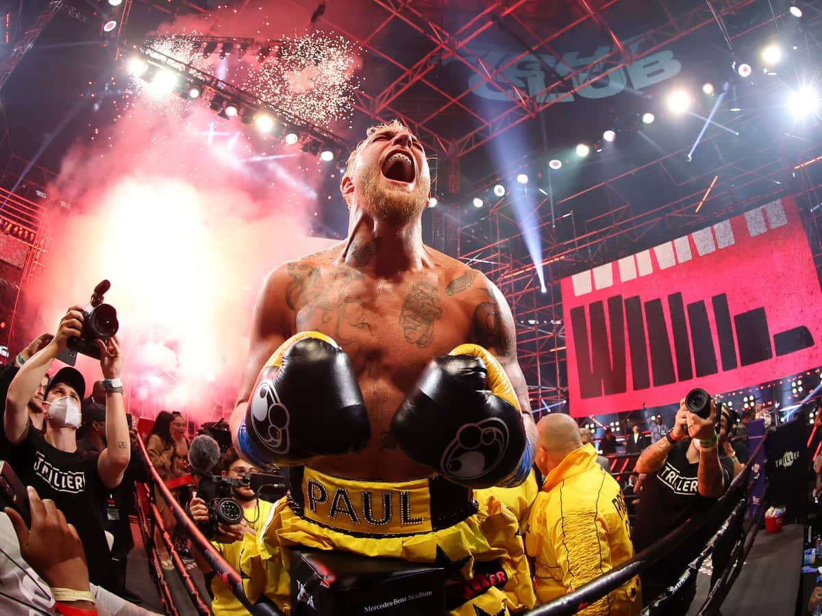 Jake Paul celebrates after defeating Ben Askren in their cruiserweight bout during Triller Fight Club at Atlanta’s Mercedes-Benz Stadium on Saturday night. Photograph: Al Bello/Getty Images for Triller