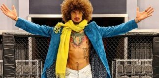 Sean O’Malley poses in the Dana White’s Contender Series cage in Las Vegas.