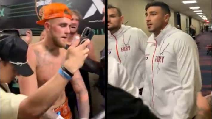 VIDEO: Jake Paul & Tommy Fury Exchange Words Backstage After Woodley Fight