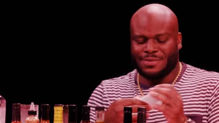 Derrick Lewis Struggles Hilariously with 'Hot Ones' Spicy Wing Challenge 1 Derrick Lewis