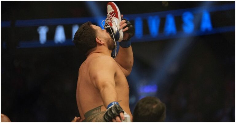 Tai Tuivasa Does Shoey On Top Of The Octagon From SteveWillDoIt’s Shoe At UFC 271