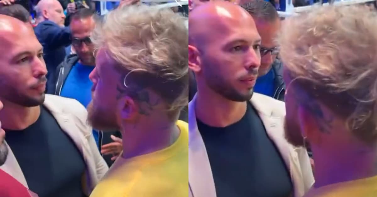 Jake Paul faces off against Andrew Tate ringside at Floyd Mayweather v Deji 1 Jake Paul, Andrew Tate