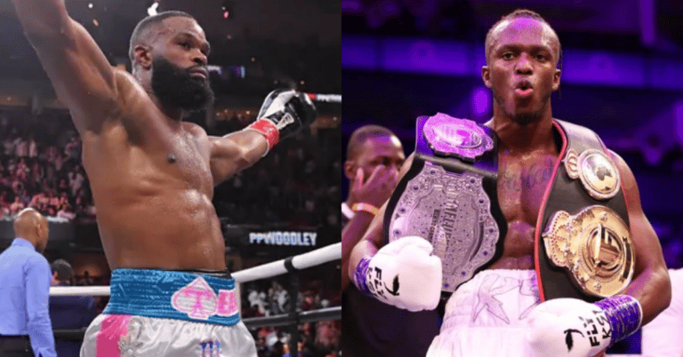 Video – Ex-UFC champion Tyron Woodley berates KSI ringside, calls for him to sign contract for fight