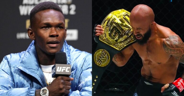 Israel Adesanya congratulates Demetrious Johnson after successful defense of ONE flyweight title