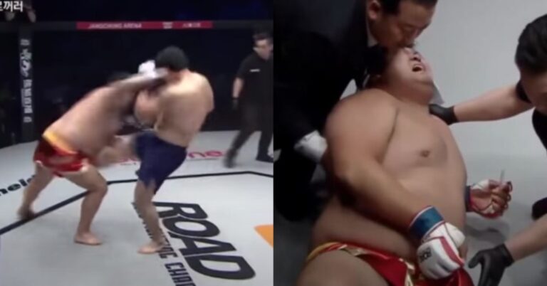 Video – Chinese heavyweight Aorigele suffered a horrifying low blow that induced vomiting from onlookers
