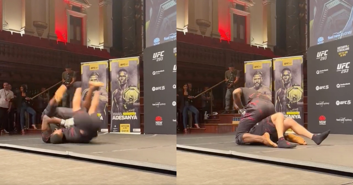 Video - Israel Adesanya shows off mounted guillotine choke amid tease of submission win at UFC 293 1 Israel Adesanya guillotine choke open workouts submission win at UFC 293