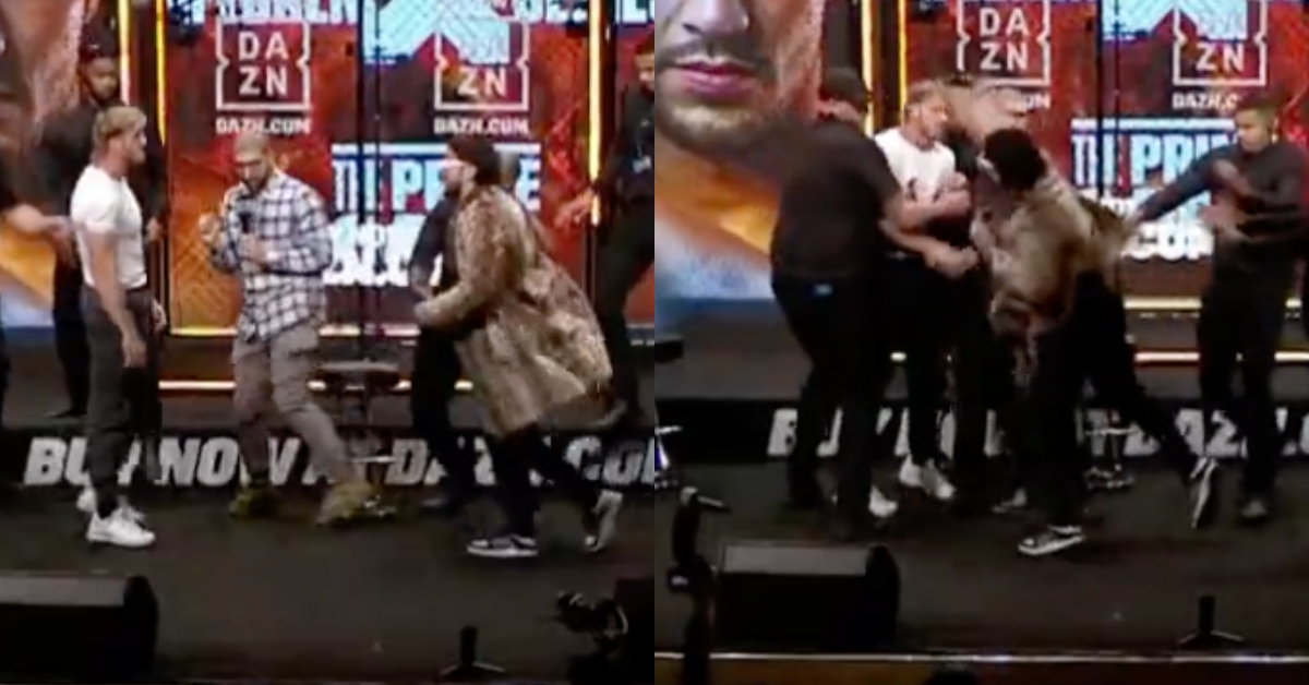 Dillon Danis decks Logan Paul with water bottle to the face at press conference bloodies him boxing UFC