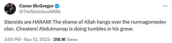 Conor McGregor says 'Abdulmanap is doing tumbles in his grave' Following Usman Nurmagomedov's Failed Drug Test 3 Screenshot 2023 11 12 3.23.00 PM