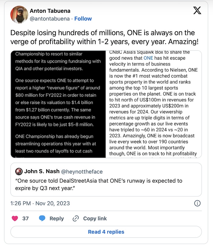 ONE Championship's Qatari Investors Reportedly 'Embarrassed' Over their involvement with the promotion 2 ONE Championship losing money