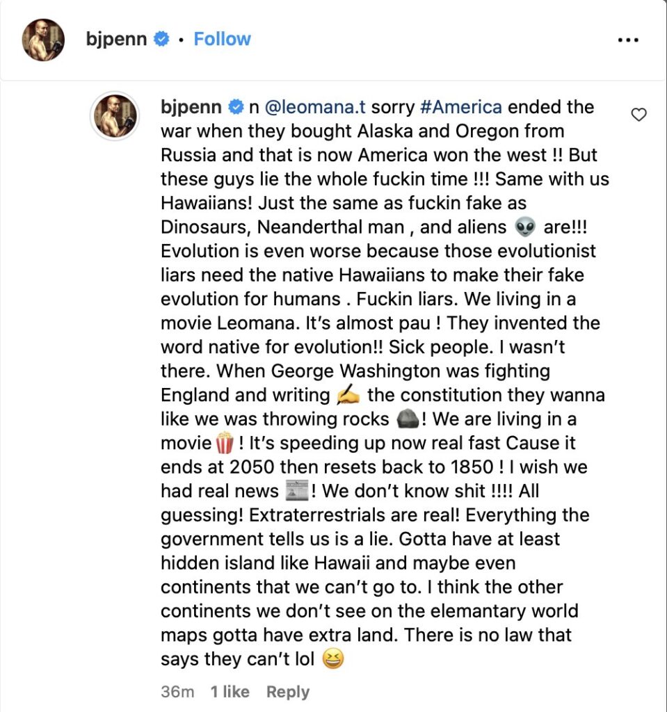 UFC Legend BJ Penn denies the existence of dinosaurs, evolution, and aliens in confusing online rant 2 GAnJvZ7asAQvH95