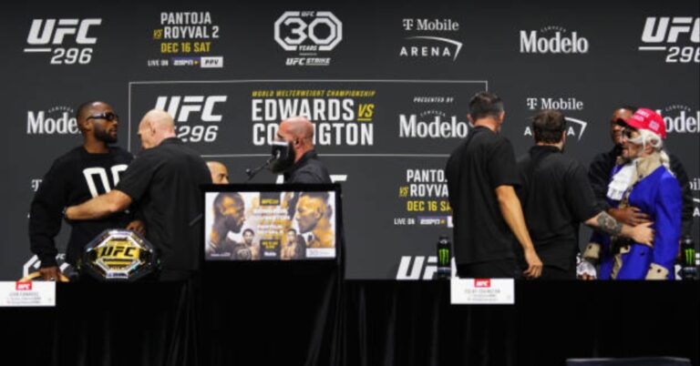 Video – Leon Edwards decks Colby Covington with water bottle after brutal jibe at late father ahead of UFC 296