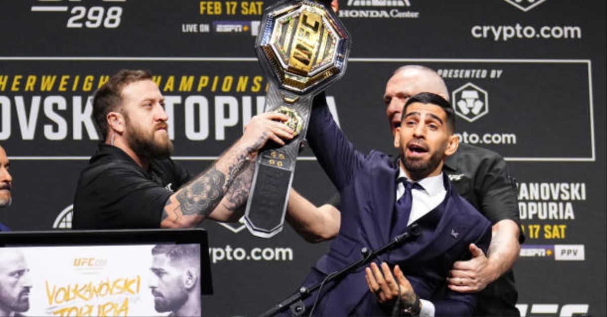 Ilia Topuria snatches belt from Alexander Volkanovski during UFC 298 press conference I'm gonna humble you