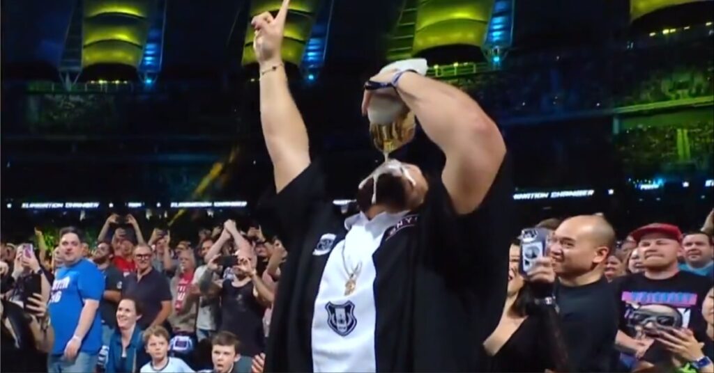 Tai Tuivasa chugs beer in shoey at WWE Eliminator Chamber ahead of UFC return next month