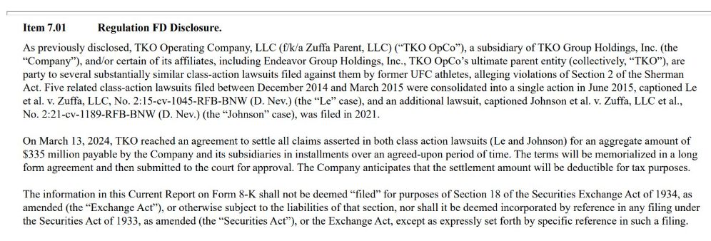 UFC settlement in antitrust suit