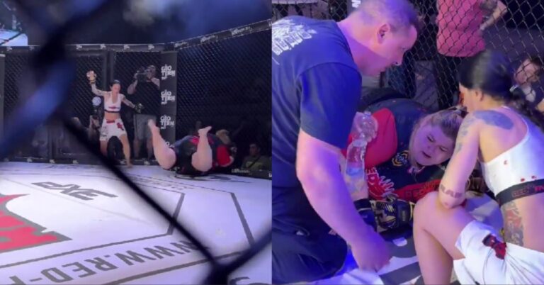 Video – MMA fighter falls face first into cage, accidentally knocks herself out