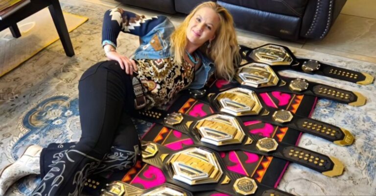 UFC icon Valentina Shevchenko poses with all 7 of her flyweight world titles: ‘My belts are with me’