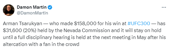 Arman Tsarukyan's fight purse withheld by NSAC after fan incident at UFC 300, faces disciplinary action 2 Arman Tsarukyan