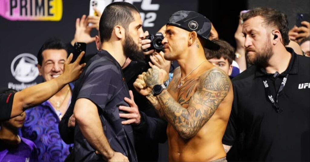 Dustin Poirier mean mugs Islam Makhachev during tense UFC 302 weigh in the talking is done it's time to fight