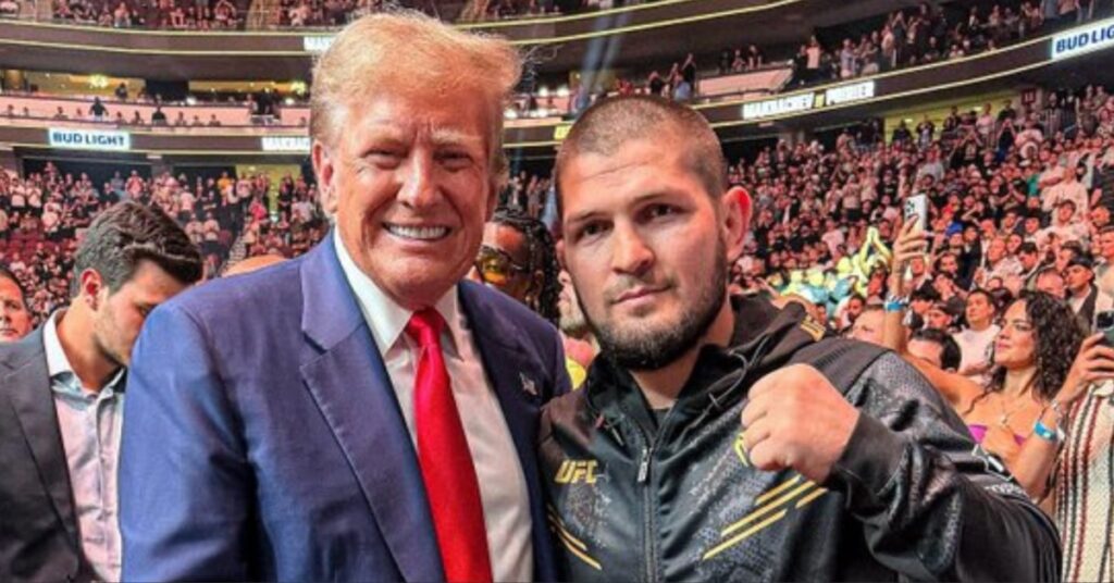 Video - UFC Hall of Famer Khabib Nurmagomedov shares a word with the former president at UFC 302