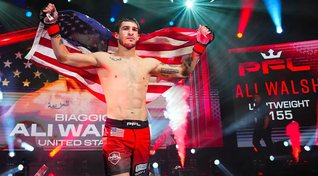 Ex-UFC Champion Sean Strickland Unknowingly Trains Alongside Boxing Legend’s Grandson 3 Biaggio Ali Walsh coming out of the entrance to a PFL fight