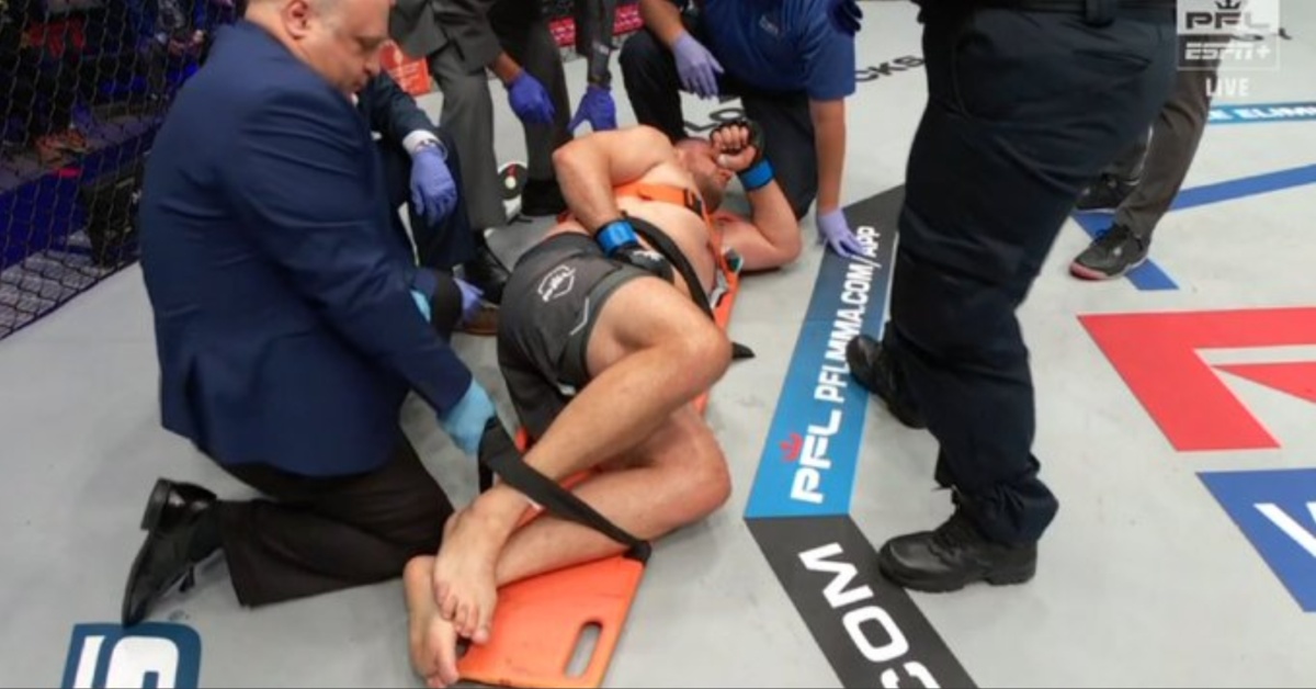 Alexandr Romanov Carried Off on a Stretcher After Suffering Brutal Low Blow – PFL 7 Highlights