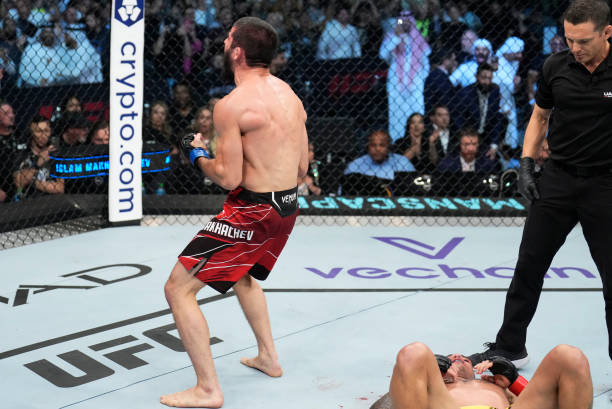 Islam Makhachev celebrates victory at UFC 280