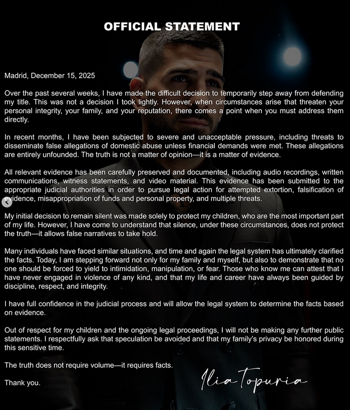 Ilia Topuria Denies Domestic Abuse Allegations, Claims Extortion and Threats