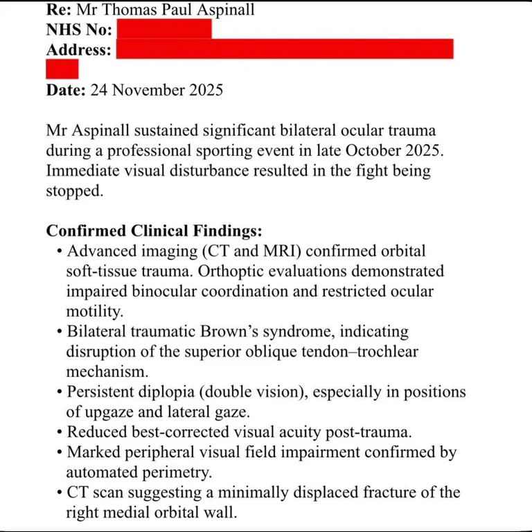 Tom Aspinall medical report
