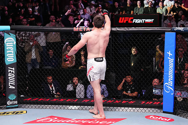 Abdul Rakhman Yakhyaev celebrating his submission victory at UFC Vegas 115.
